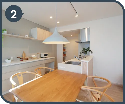 家事効率の良い配置 キッチンとダイニングテーブル